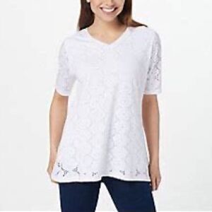 Isaac Mizrahi Knit Eyelet Rounded Swing Elbow Sleeves Top